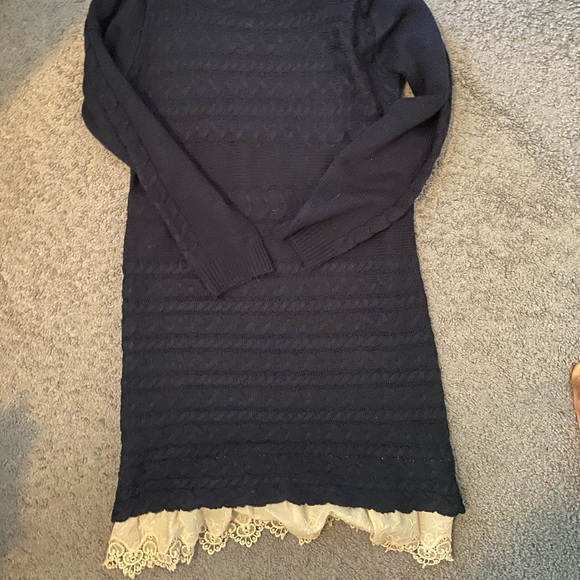 Sweater Dress with Cowl Neck and Lace Bottom - Picture 2 of 5